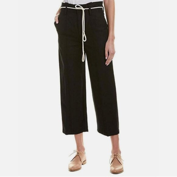 VINCE High Rise Linen Blend Cropped Pants Black Rope Belt Women's Size 10 - Picture 2 of 13